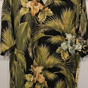 Tommy Bahama Black Hawaiian Shirt with Green and Yellow Tropical Leaves